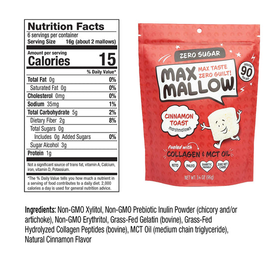 Max Mallows Sugar Free Cinnamon Toast with nutrition label